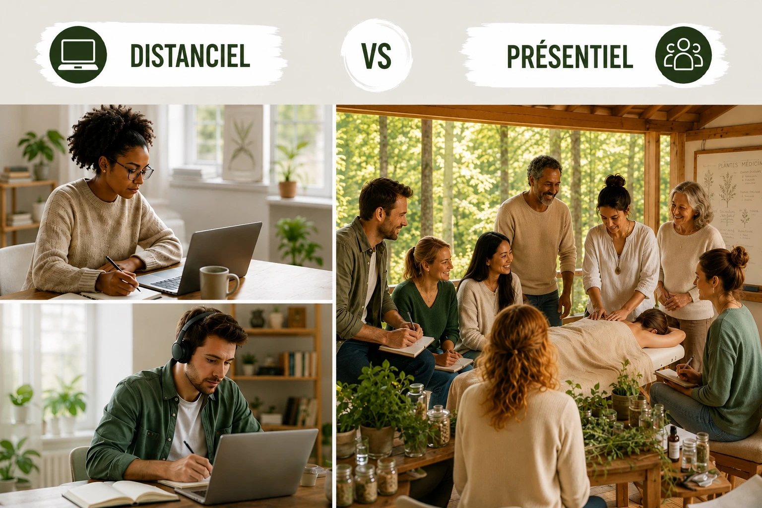 Comparaison entre formation à distance devant un ordinateur et formation en présentiel avec pratique en groupe