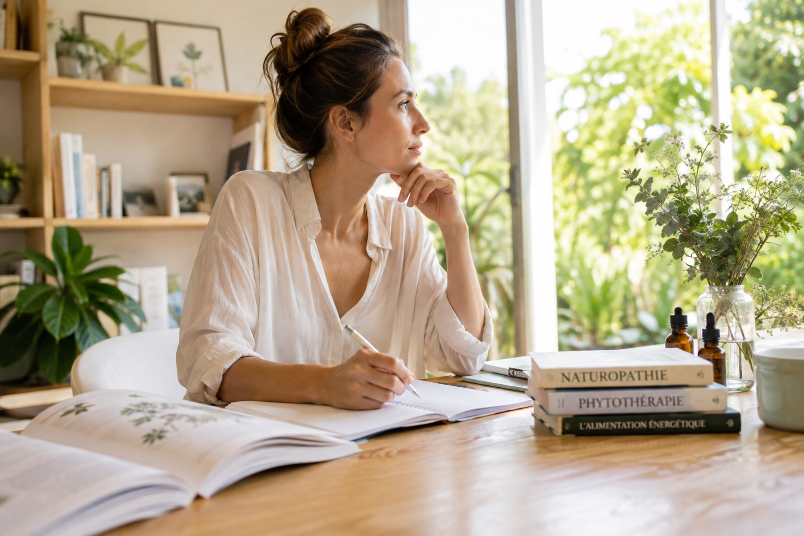 Future naturopathe étudiant la naturopathie, la phytothérapie et l'alimentation