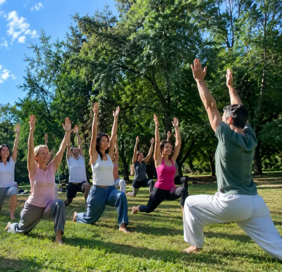 Groupe de personnes pratiquant des exercices de respiration et de mouvement en plein air