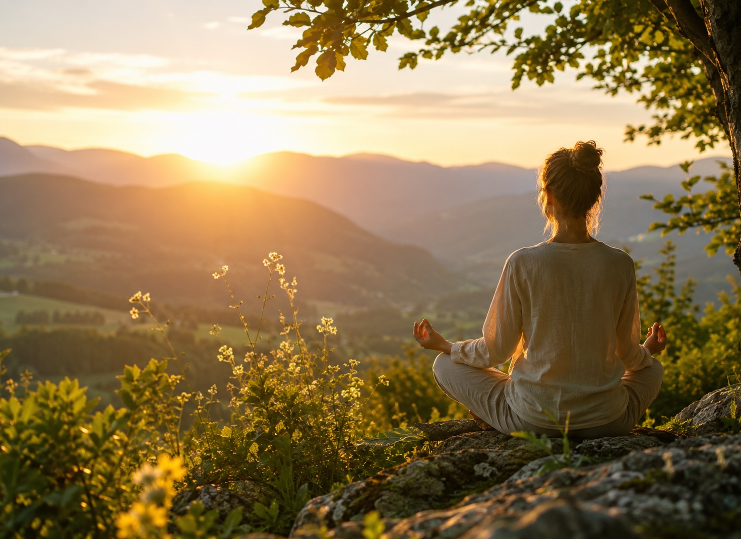 Personne en méditation face à un paysage naturel au lever du soleil