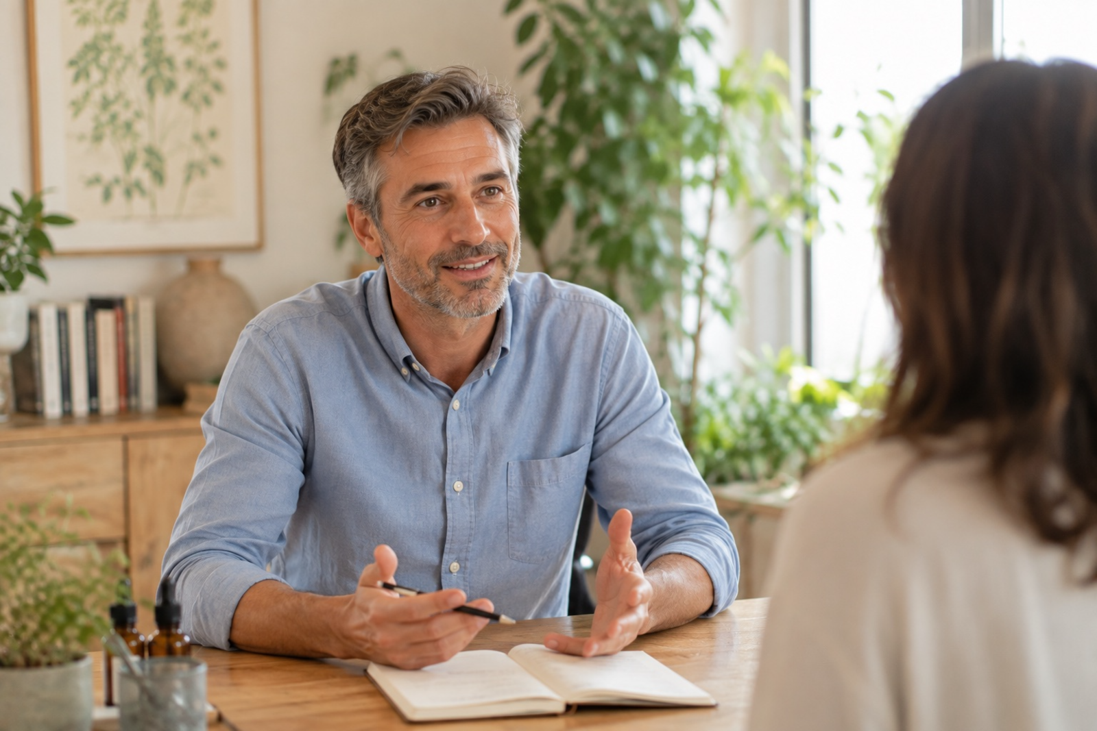 Naturopathe en consultation avec une cliente dans son cabinet