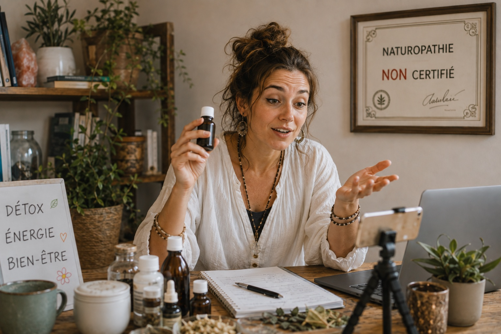 Praticienne présentant des compléments devant un certificat mentionnant « naturopathie non certifié »