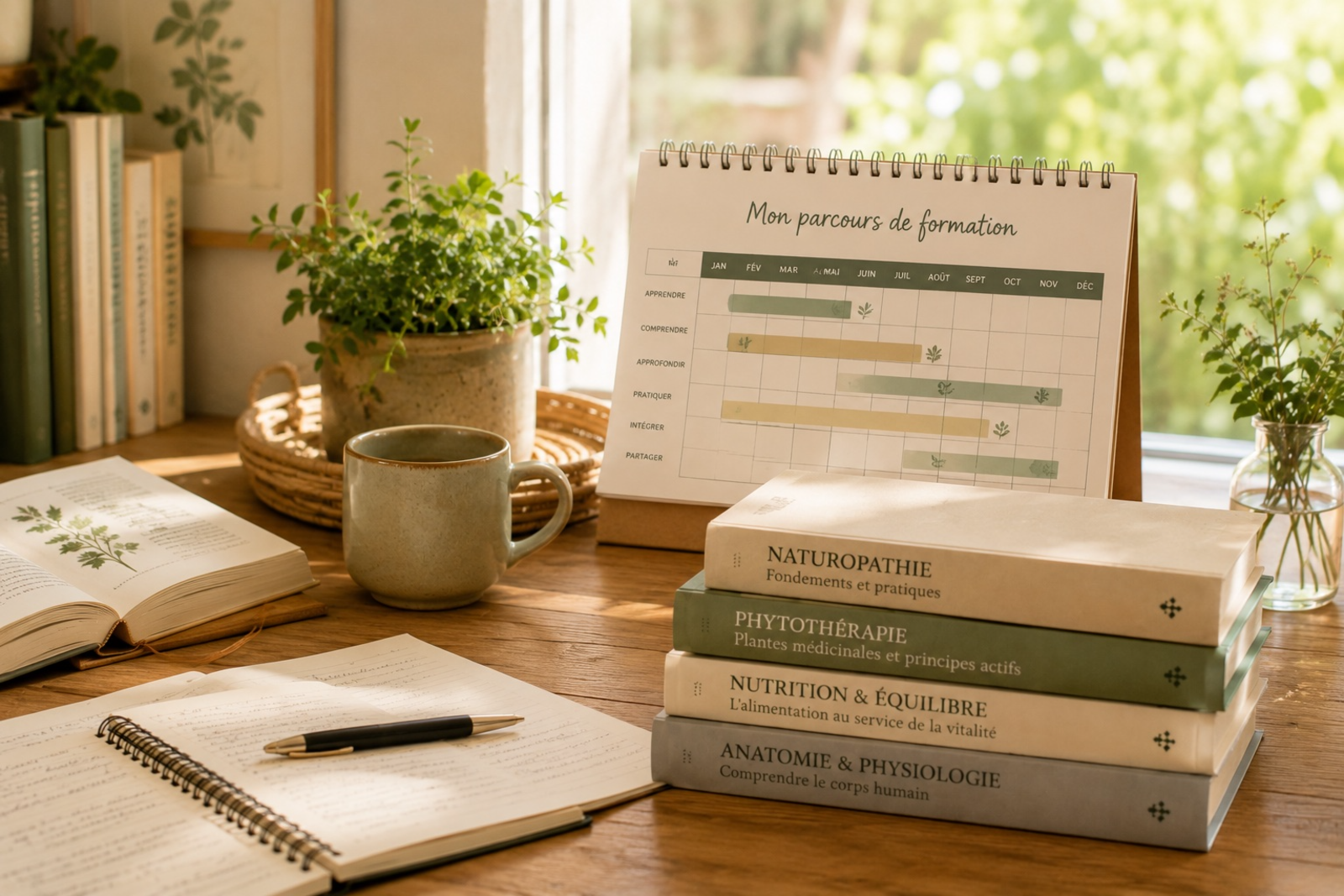 Ouvrages de naturopathie, phytothérapie et anatomie posés près d'un calendrier de parcours de formation