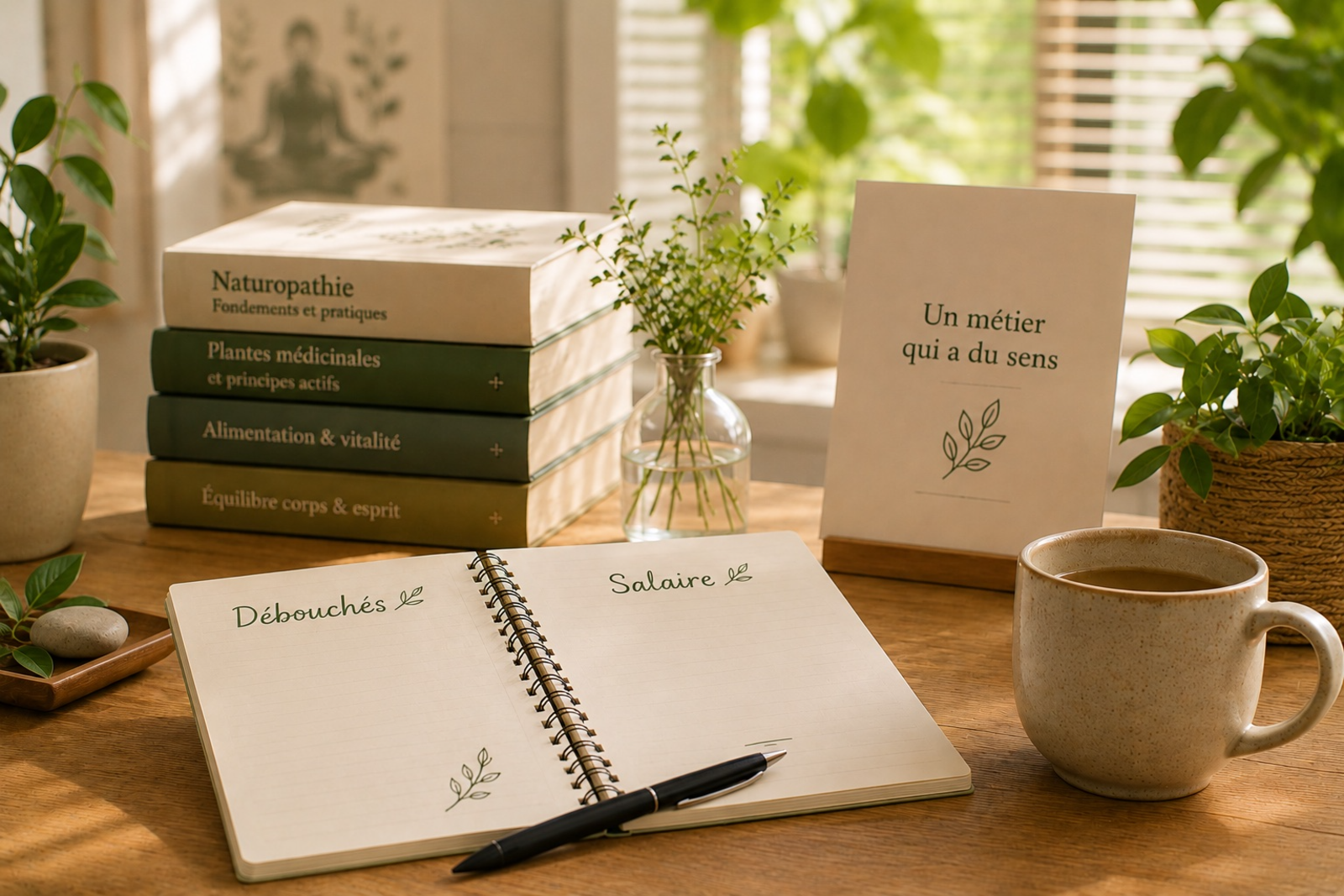 Carnet ouvert sur les débouchés et le salaire du naturopathe, entouré d'ouvrages de naturopathie